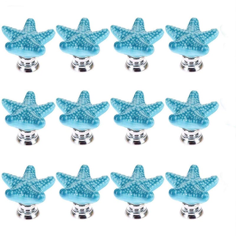 Joyindecor Ceramic Starfish Drawer Pulls Handles for Nursery Dresser Cupboard Wardrobe Cabinet Kitchen, Beach/Ocean Theme Knobs, Pack of 12 (Blue) - Image 1